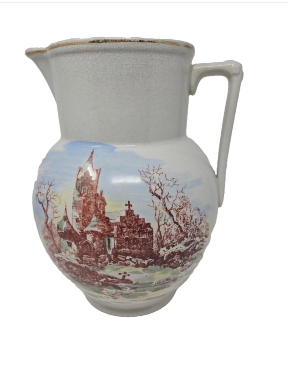 XL Antique Wash Pitcher Double Sided Transfer Ware Abbey Scene by Monitor 11.5"